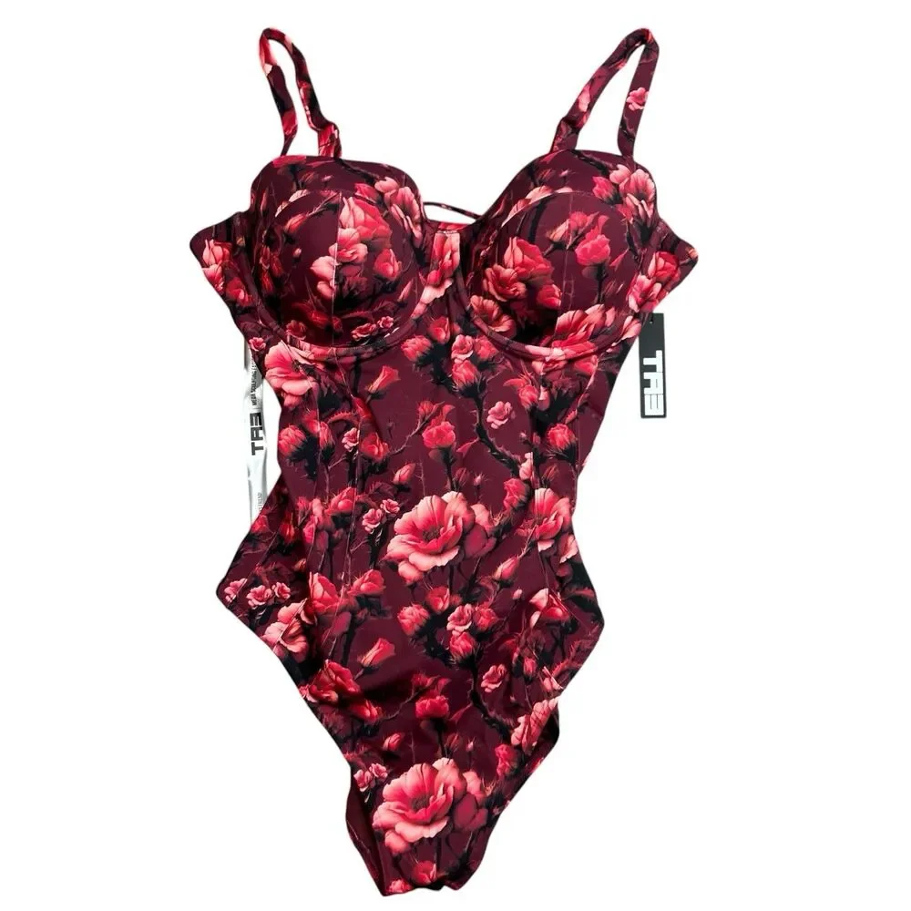 TA3 Lushy Swimsuit F/G Cup 3X Long Womens Tall Red One‎ Piece Floral Corset Lace